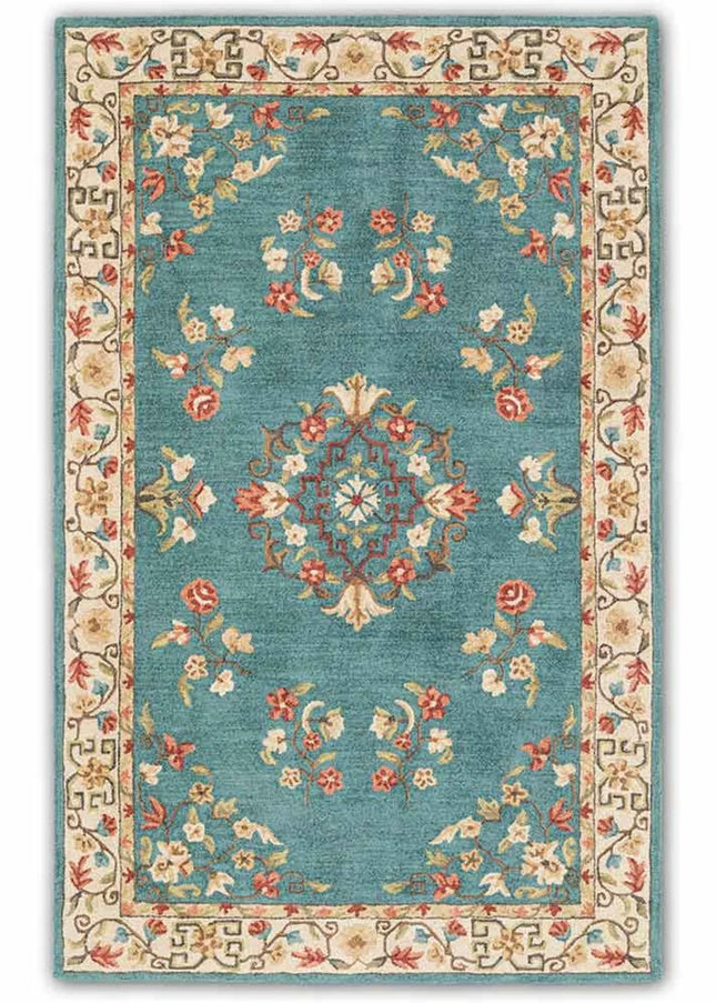 Hand Knotted Floral Wool Rug: Teal Mid Century Turkish Design