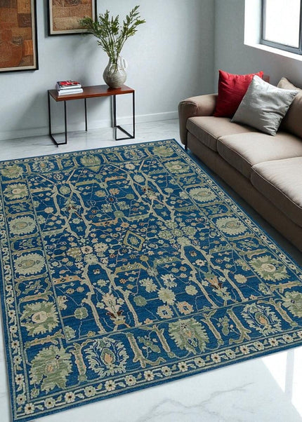 Handwoven Royal Blue Wool Rug: 8x10 Oriental Floral Carpet