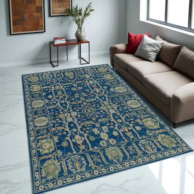 Handwoven Royal Blue Wool Rug: 8x10 Oriental Floral Carpet
