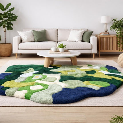 Modern Moss Green Abstract Rug, Hand-Tufted Organic Shape Wool Carpet