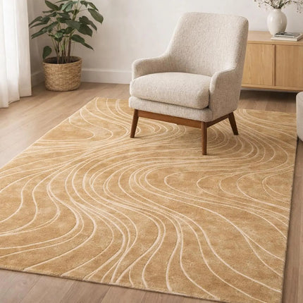 Modern Beige Wave Hand Tufted Wool Rug, Abstract Area Rug for Living Room & Bedroom