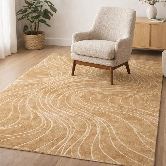 Modern Beige Wave Hand Tufted Wool Rug, Abstract Area Rug for Living Room & Bedroom