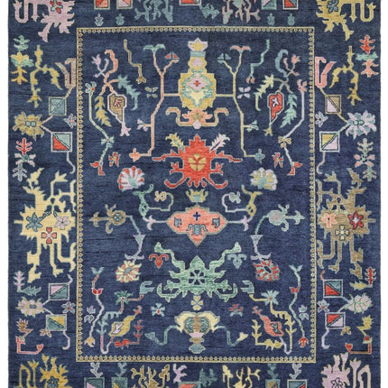 Handwoven Navy Blue Wool Oushak Rug: Traditional Turkish Carpet