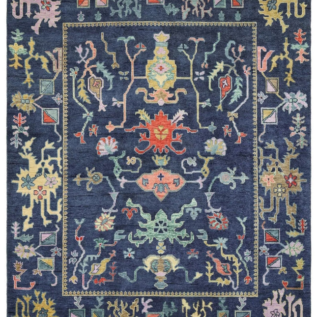 Handwoven Navy Blue Wool Oushak Rug: Traditional Turkish Carpet