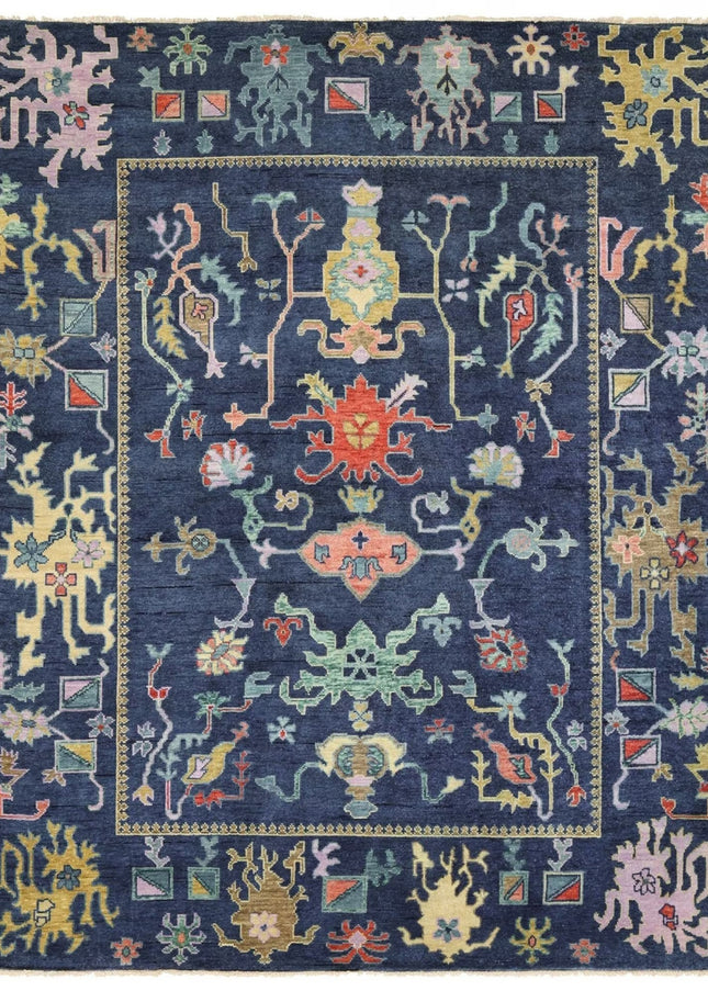 Handwoven Navy Blue Wool Oushak Rug: Traditional Turkish Carpet