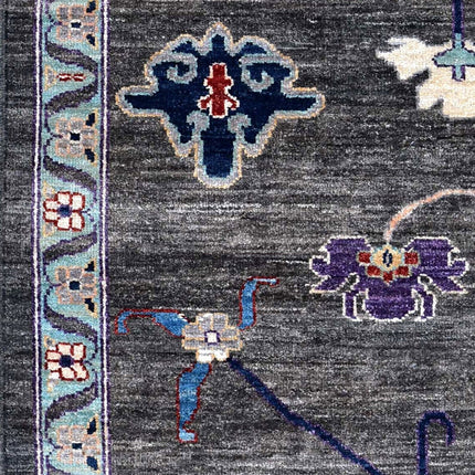 Handwoven Dark Gray Oushak Wool Rug: Vintage Turkish Floral Carpet