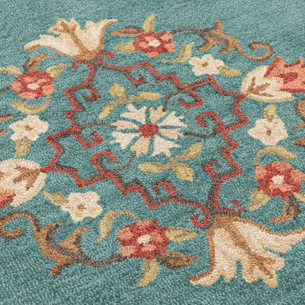 Hand Knotted Floral Wool Rug: Teal Mid Century Turkish Design