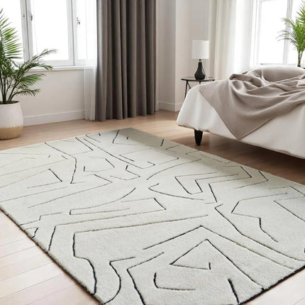 Hand-Tufted Wool Rug: 8x10 Cream & Black Abstract Line Art