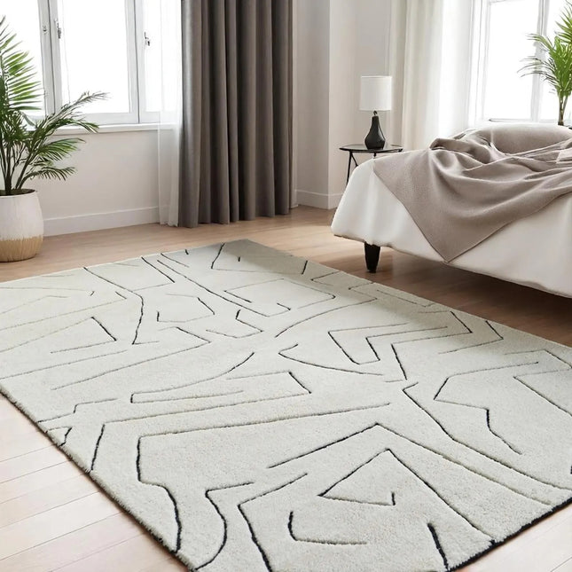 Hand-Tufted Wool Rug: 8x10 Cream & Black Abstract Line Art