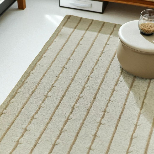 Hand Tufted Wool Rug Custom Size 8x10: Botanical Vine Stripe, Soft Beige