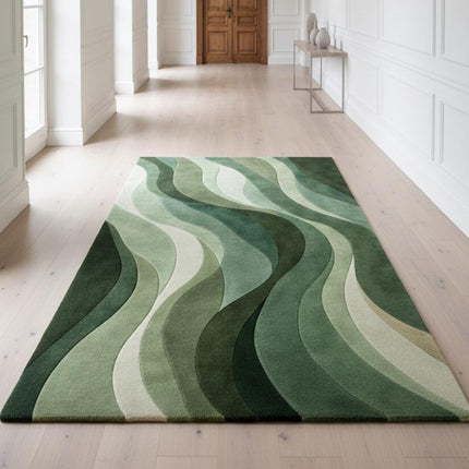 Modern Forest Wave Hand Tufted Rug, Abstract Green Flow Contemporary Wool Area Rug