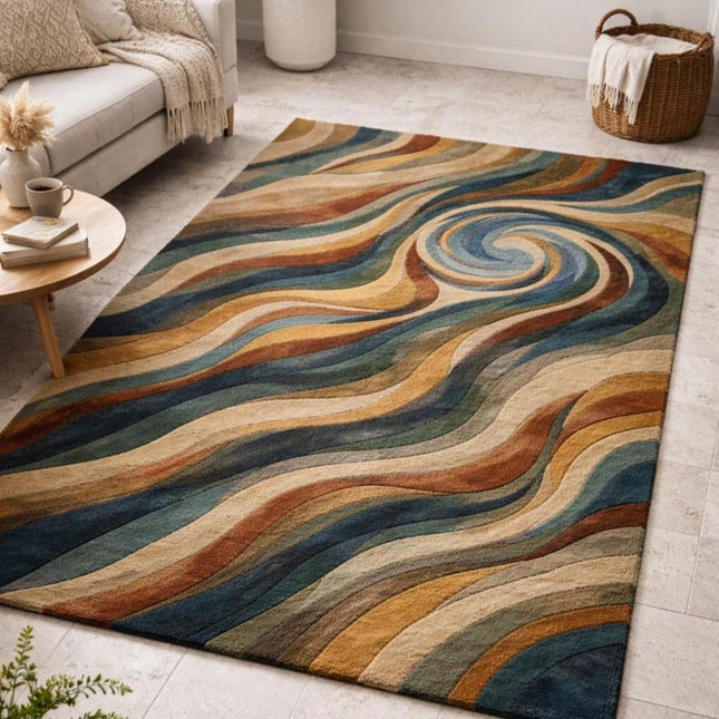Abstract Swirl Hand-Tufted Wool Rug, Multicolor Modern Designer Area Carpet