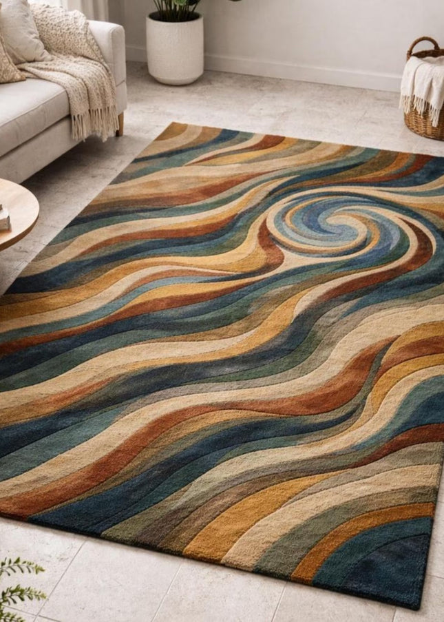 Abstract Swirl Hand-Tufted Wool Rug, Multicolor Modern Designer Area Carpet