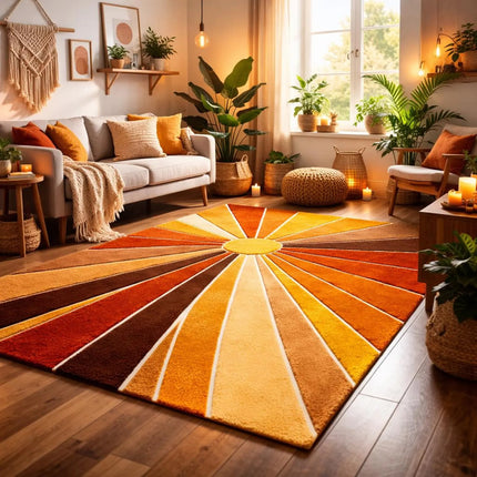 Mid Century Sunburst Area Rug, Hand Tufted Wool Abstract Retro Rug