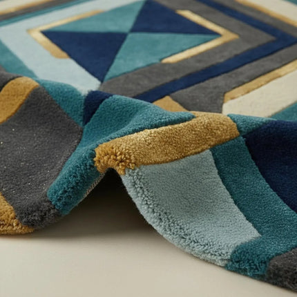 Modern Geometric Hand Tufted Wool Rug, Blue Teal Gold Abstract Area Rug