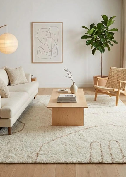 Hand Knotted Ivory Wool Rug with Abstract Line   8x10 Minimalist Area Rug