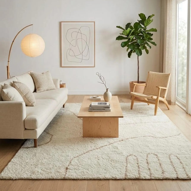 Hand Knotted Ivory Wool Rug with Abstract Line   8x10 Minimalist Area Rug