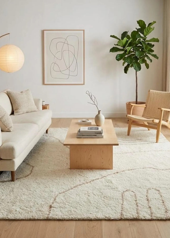 Hand Knotted Ivory Wool Rug with Abstract Line   8x10 Minimalist Area Rug