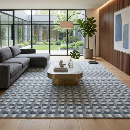Modern Blue Checkered Wool & Silk Rug - Hand-Tufted 8x10 Area Rug