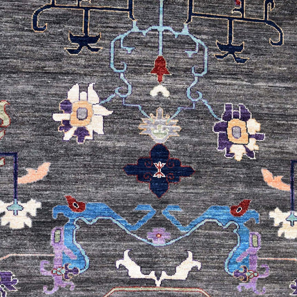 Handwoven Dark Gray Oushak Wool Rug: Vintage Turkish Floral Carpet