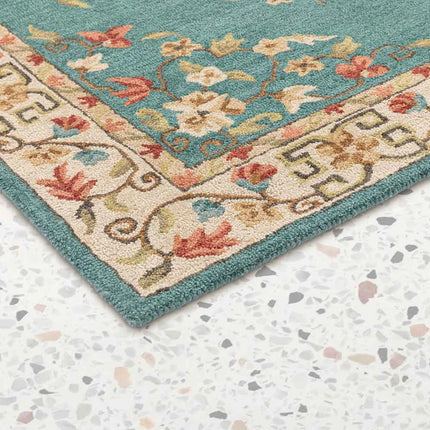 Hand Knotted Floral Wool Rug: Teal Mid Century Turkish Design