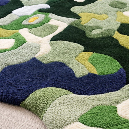 Modern Moss Green Abstract Rug, Hand-Tufted Organic Shape Wool Carpet
