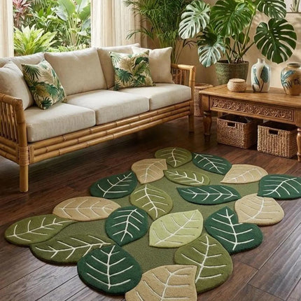 Hand Tufted Wool Leaf Rug, Earthy Green Modern Organic Living Room Area Carpet