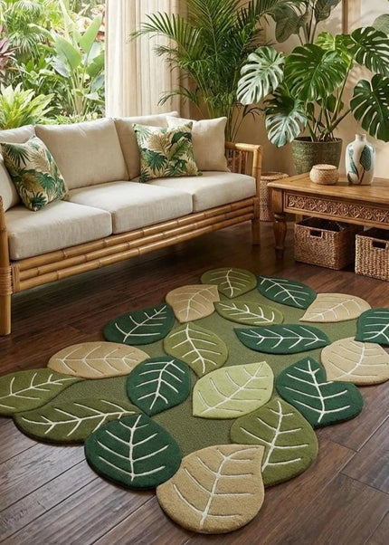 Hand Tufted Wool Leaf Rug, Earthy Green Modern Organic Living Room Area Carpet