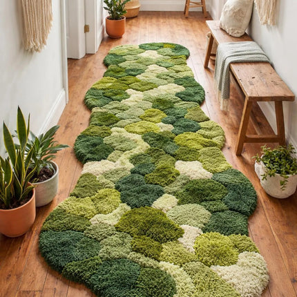 Moss Green Hand Tufted Runner Rug  Organic Pebble Design Wool Hallway Carpet