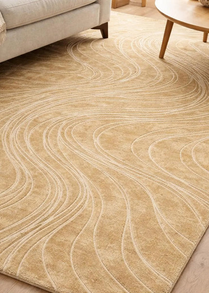 Modern Beige Wave Hand Tufted Wool Rug, Abstract Area Rug for Living Room & Bedroom