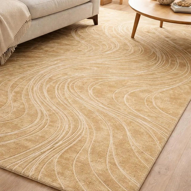 Modern Beige Wave Hand Tufted Wool Rug, Abstract Area Rug for Living Room & Bedroom