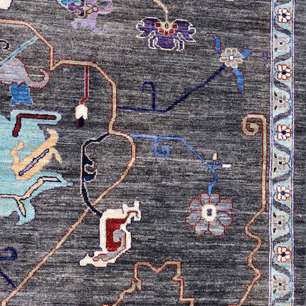 Handwoven Dark Gray Oushak Wool Rug: Vintage Turkish Floral Carpet