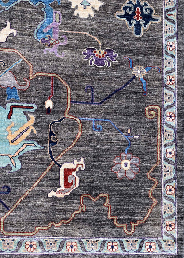 Handwoven Dark Gray Oushak Wool Rug: Vintage Turkish Floral Carpet