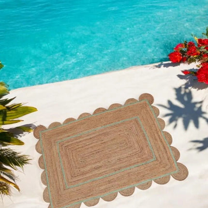 Handmade Pale Green Scalloped Jute Rug: Eco-Friendly Bohemian Runner