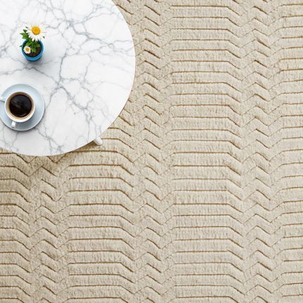 Hand Tufted Wool Rug: Beige Zigzag High-Low Pile, 8x10 Area Rug