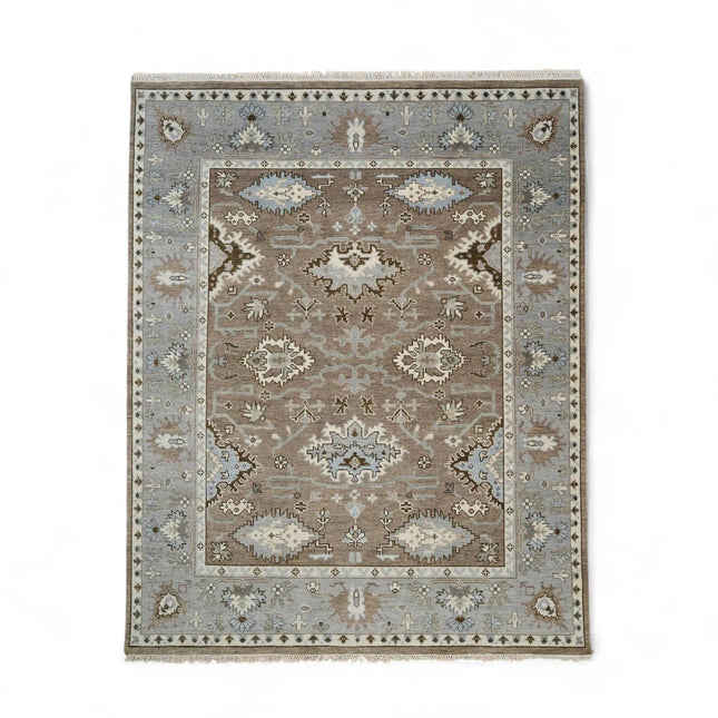Hand-Knotted Oushak Wool Rug: Persian Heriz Design, Taupe & Blue, 8x10 Area Rug