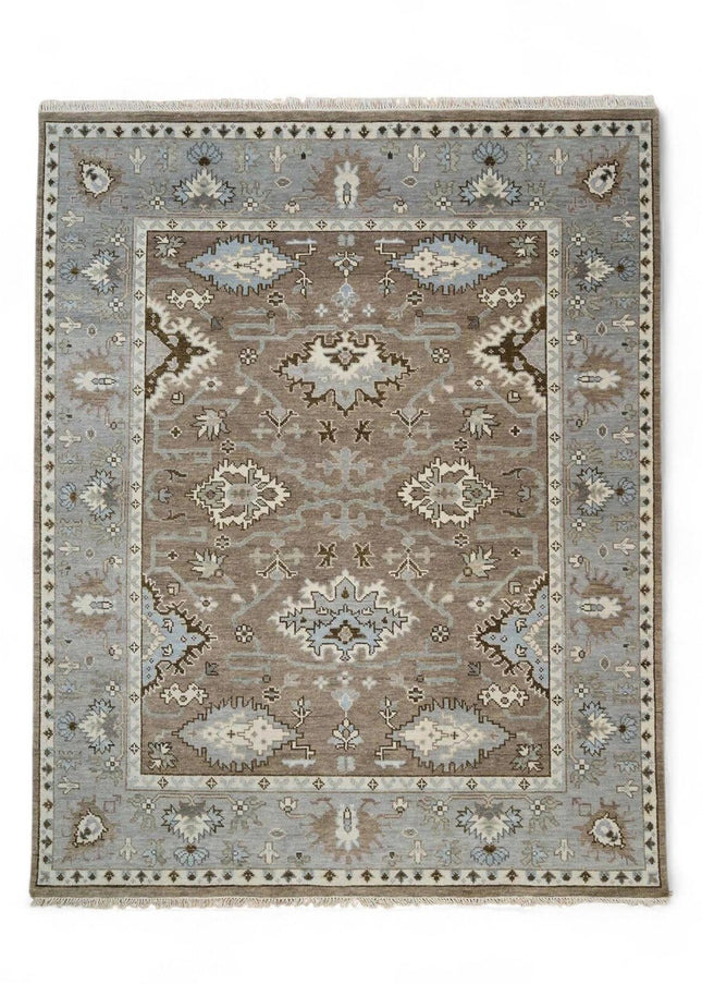 Hand-Knotted Oushak Wool Rug: Persian Heriz Design, Taupe & Blue, 8x10 Area Rug