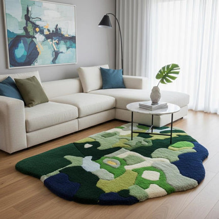 Modern Moss Green Abstract Rug, Hand-Tufted Organic Shape Wool Carpet