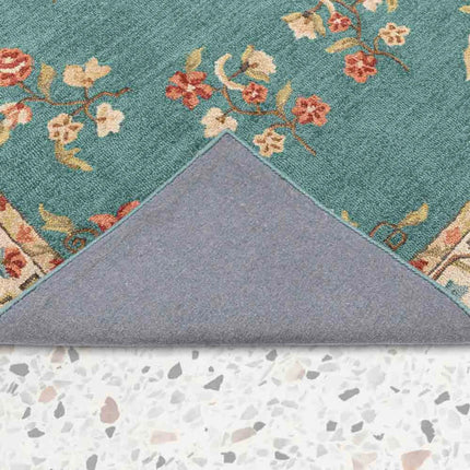 Hand Knotted Floral Wool Rug: Teal Mid Century Turkish Design