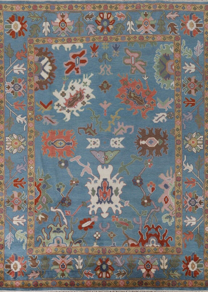 Hand-Knotted Oushak Wool Rug: Traditional Turkish Floral Carpet, 9x12