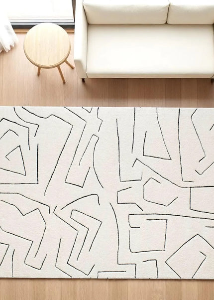 Hand-Tufted Wool Rug: 8x10 Cream & Black Abstract Line Art
