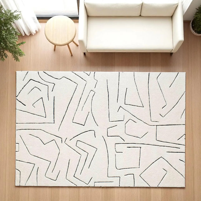 Hand-Tufted Wool Rug: 8x10 Cream & Black Abstract Line Art