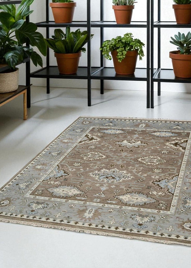 Hand-Knotted Oushak Wool Rug: Persian Heriz Design, Taupe & Blue, 8x10 Area Rug
