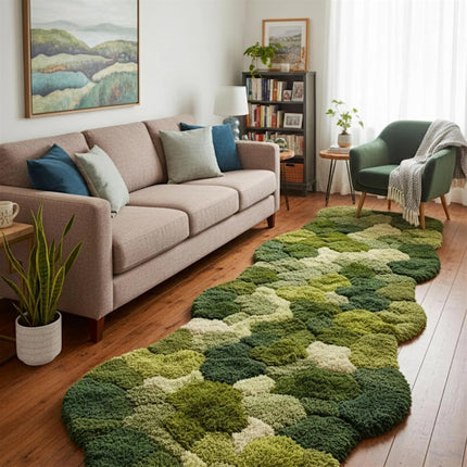 Moss Green Hand Tufted Runner Rug  Organic Pebble Design Wool Hallway Carpet