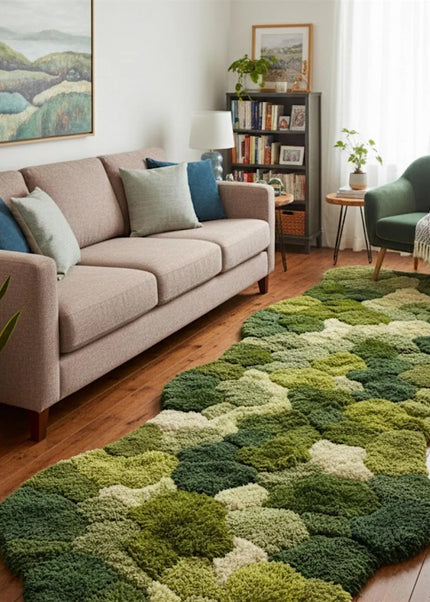Moss Green Hand Tufted Runner Rug  Organic Pebble Design Wool Hallway Carpet