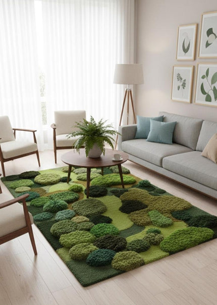 Organic Moss Garden Rug, Hand-Tufted 3D Textured Green Wool Carpet