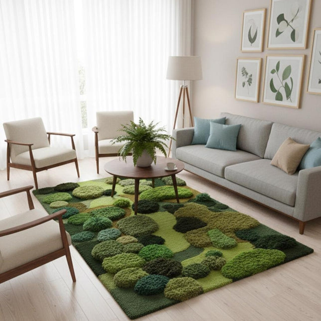 Organic Moss Garden Rug, Hand-Tufted 3D Textured Green Wool Carpet