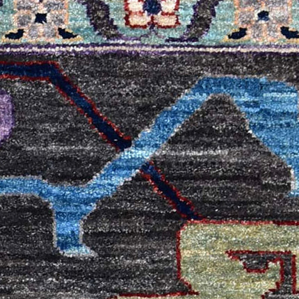 Handwoven Dark Gray Oushak Wool Rug: Vintage Turkish Floral Carpet