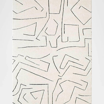 Hand-Tufted Wool Rug: 8x10 Cream & Black Abstract Line Art