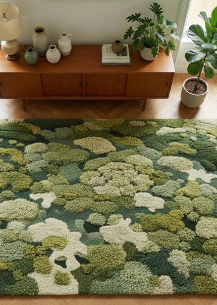 Forest Canopy Tufted Moss Rug, Handmade Green Textured Wool Area Carpet